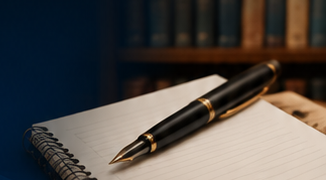 Open notebook with a fountain pen on a desk
