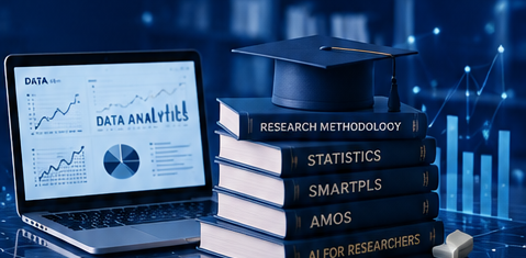 Laptop showing data analytics dashboard beside a stack of research methodology, statistics, SmartPLS, AMOS and AI for researchers books topped with a graduation cap