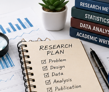 Notebook with a handwritten research plan beside a magnifying glass, charts and a stack of research books