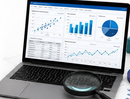 Laptop showing statistics and data analytics dashboards with a magnifying glass